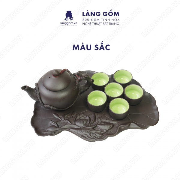 Bộ ấm chén gốc cây kèm khay sen xòe men mộc