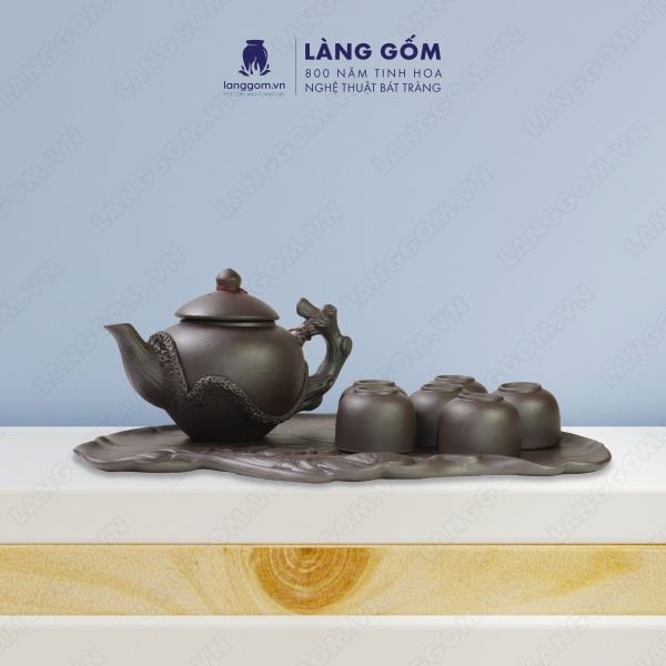 Bộ ấm chén gốc cây kèm khay sen xòe men mộc