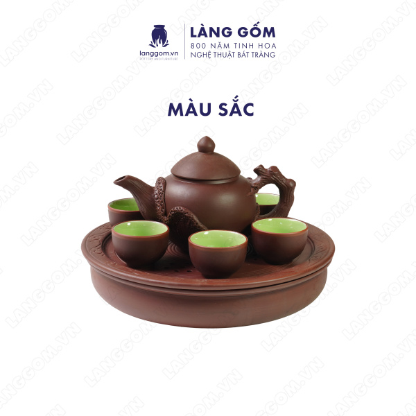 Bộ ấm chén gốc cây kèm khay 2 tầng Men mộc - Màu Nâu