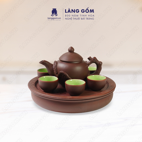 Bộ ấm chén gốc cây kèm khay 2 tầng Men mộc - Màu Nâu
