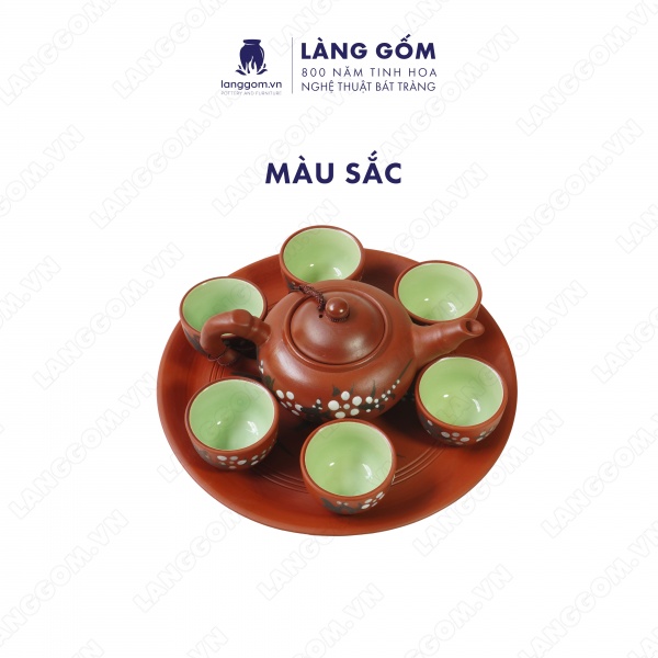 Bộ ấm chén hoa đào men mộc kèm khay tròn