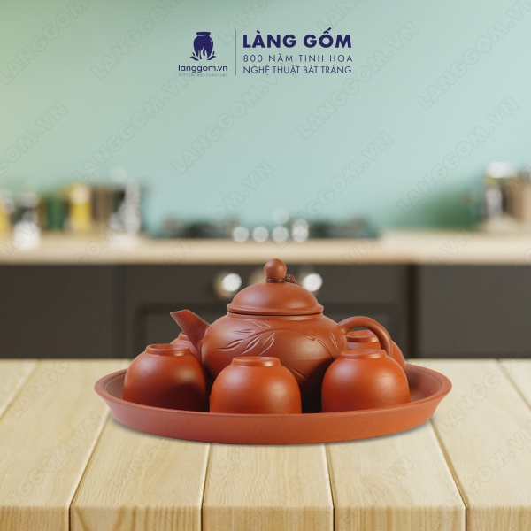 Bộ ấm chén khắc trúc nhỏ men mộc kèm khay tròn và đĩa tách