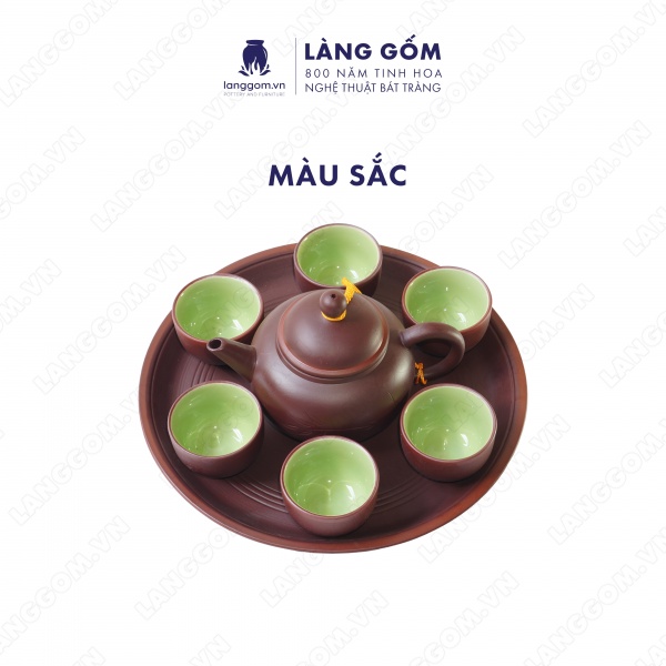 Bộ ấm chén khắc trúc nhỏ men mộc kèm khay tròn và đĩa tách