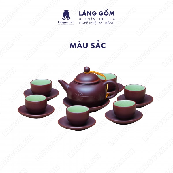 Bộ ấm chén khắc trúc nhỏ men mộc kèm khay tròn và đĩa tách