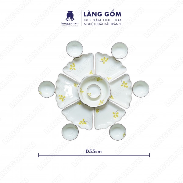 Bộ bàn ăn mặt trời men trắng họa tiết cỏ may mắn 