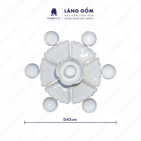 Bộ bàn ăn mặt trời men trắng vẽ chỉ vàng 