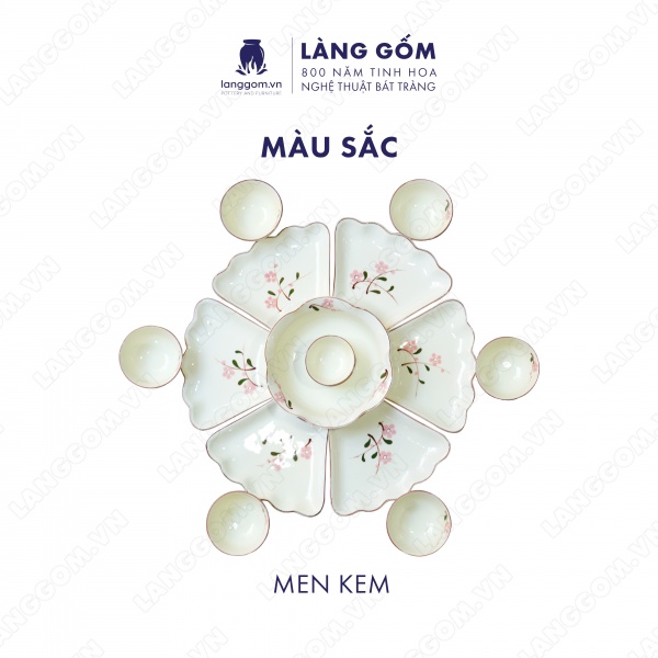 Bộ bàn ăn mặt trời men trắng vẽ đào hồng 