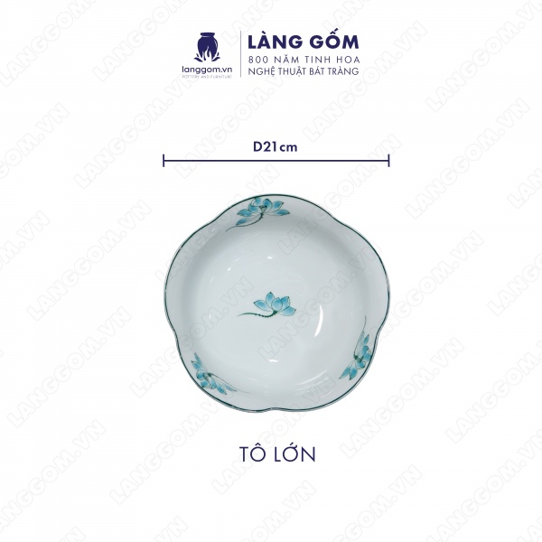 Bộ bàn ăn mặt trời men trắng vẽ hoa sen xanh 