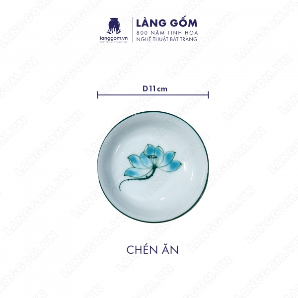 Bộ bàn ăn mặt trời men trắng vẽ hoa sen xanh 