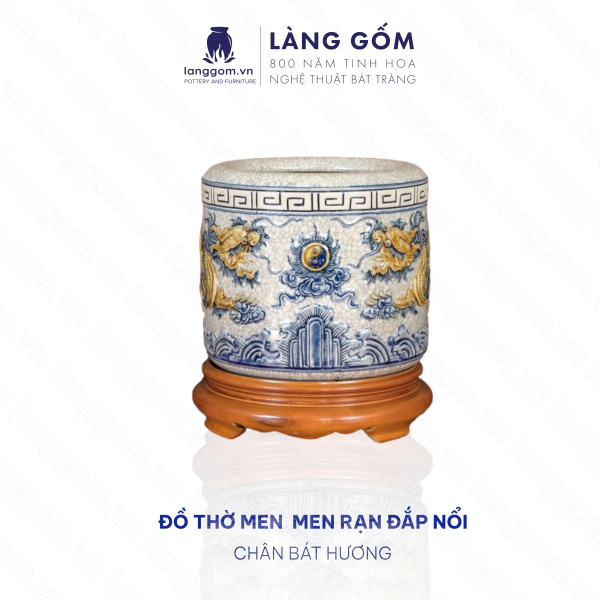 Bát hương, bát nhang, lư hương men rạn đắp nổi họa tiết rồng tinh xảo (CÓ CHÂN ĐẾ)