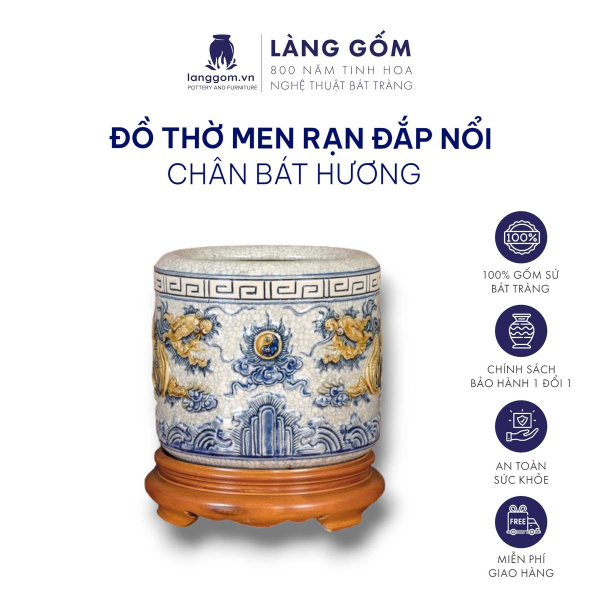 Bát hương, bát nhang, lư hương men rạn đắp nổi họa tiết rồng tinh xảo (CÓ CHÂN ĐẾ)