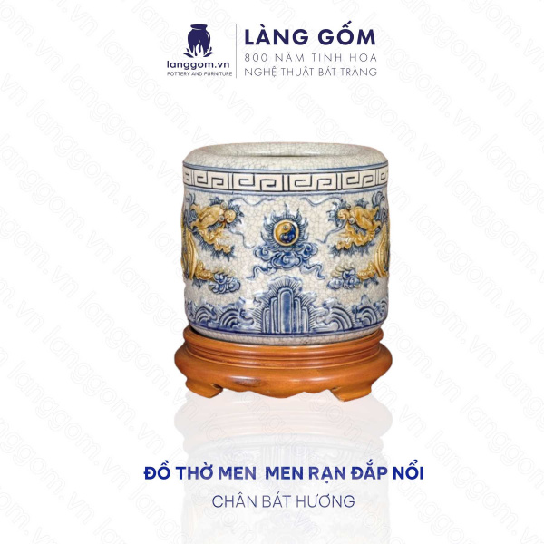 Bát hương, bát nhang, lư hương men rạn đắp nổi họa tiết rồng tinh xảo (CÓ CHÂN ĐẾ)