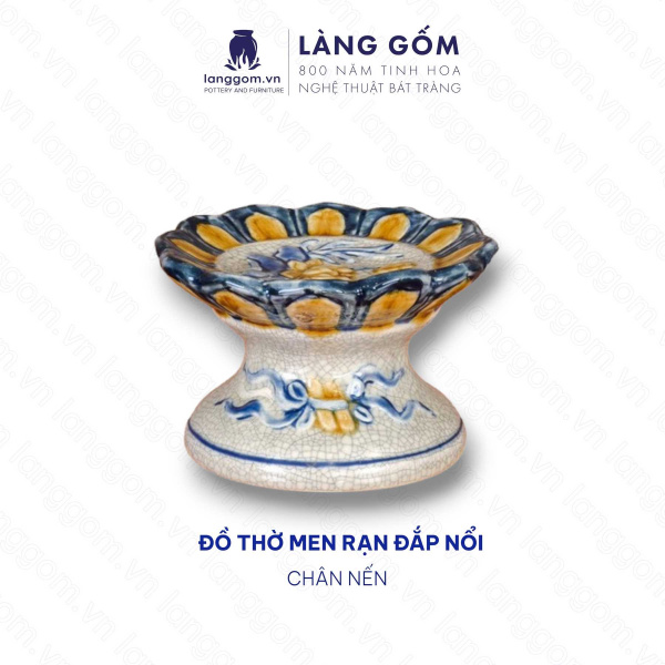 Chân Nến Thờ Cúng, Đế Cắm Nến Gốm Sứ Men Rạn Đắp Nổi