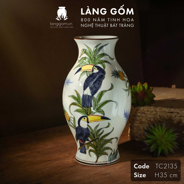 Lọ hoa vẽ tay men màu họa tiết chim Tu căng