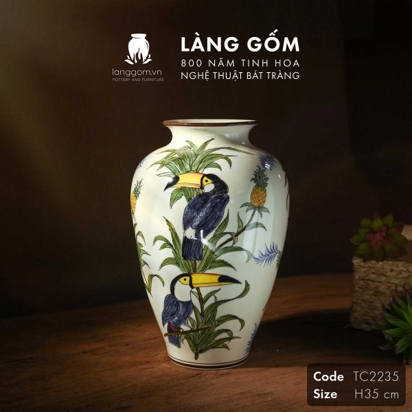 Lọ hoa vẽ tay men màu họa tiết chim Tu căng