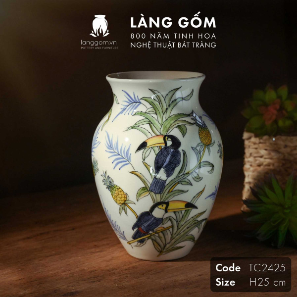 Lọ hoa vẽ tay men màu họa tiết chim Tu căng